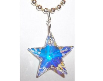 Swarovski Star & Silver Necklace, 20mm Crystal Aurora Borealis Dazzling!!  Brilliant!!  Silver Ball Chain w Removable Pendant