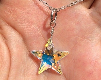 Crystal AB Star & Silver Necklace, 20mm Swarovski Crystal, Select Metal:  Silver Plated or Sterling Silver Dazzling!!  Brilliant!!