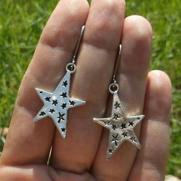 Starry Star Silver Leverbacks, Silver Star Earrings, Imprinted Stars, Sterling Silver  or Titanium Ear Wires  Option Avail, Larger Version