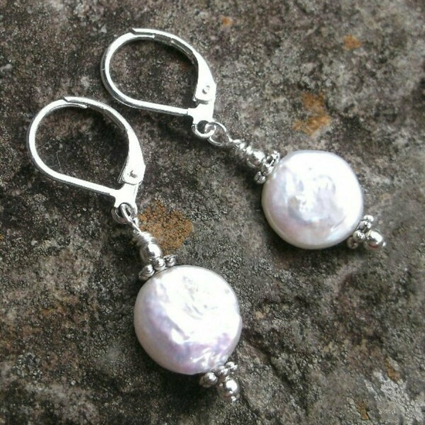 White Coin Pearl Silver Leverbacks or Earrings, Cultured Freshwater, Sterling Silver or Titanium Ear Wire Option Avail. For Sensitive Lobes