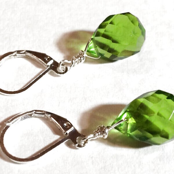 Peridot Quartz Earrings or Leverbacks, Faceted Teardrop Briolette, Silver, Gold, Copper, Titanium, Sterling. Silver or  14k Gold Filled