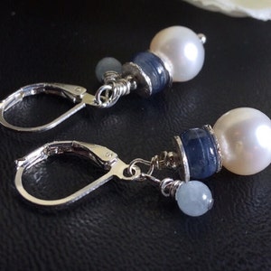 White Freshwater Pearl, Kyanite, Aquamarine & Silver Earrings or Leverbacks, Titanium, Sterling Silver and Interchangeable Options Available