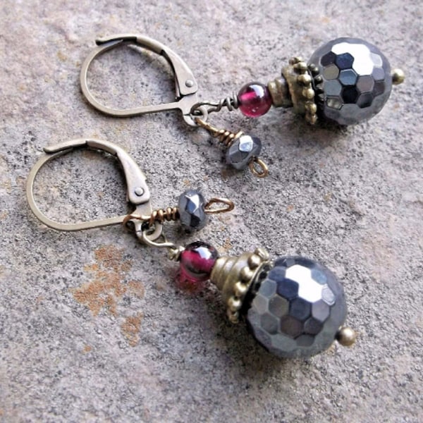 Faceted Hematite Earrings or Leverbacks, Garnet Accents, Bronze & Brass, Titanium or Sterling  Ear Wire Option Available for Sensitive Ears