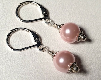 Petal Pink Pearl Earrings or Leverbacks, 8mm Glass Pearls, Silver / Gold / Gunmetal / Copper / Titanium / Sterling / Silver or Gold Filled