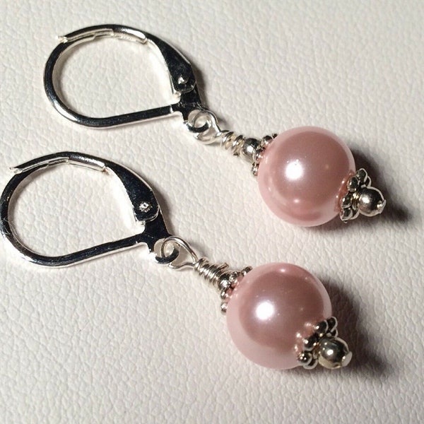 Petal Pink Pearl Earrings or Leverbacks, 8mm Glass Pearls, Silver / Gold / Gunmetal / Copper / Titanium / Sterling / Silver or Gold Filled