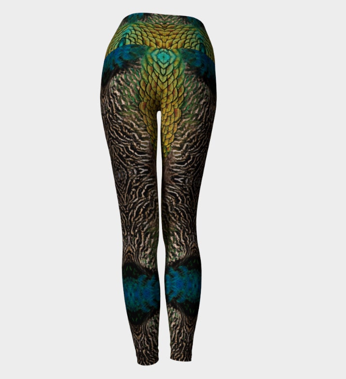 Peacock Feather Leggings, Eco Friendly High Waist Leggings, Squat Proof
