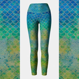 Hand Painted Watercolor Mermaid Leggings, Eco Friendly Mermaid Scales Leggings, Squat Proof, Mermaid Yoga, Dragon Scales, Boho, Made in USA