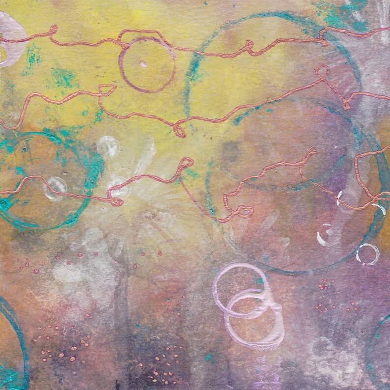 May include: Abstract painting with a yellow, pink, and teal background. The painting features a variety of shapes and lines, including circles, ovals, and swirls. The lines are a copper color and the circles are a light pink color.