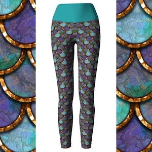Opal and Gold Mermaid Scale Leggings, Mermaid Capris, Eco Friendly Yoga Pants, Yoga Leggings, High Waist Leggings, Squat Proof