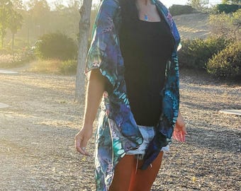 Blue Butterfly Silk Kimono, 100% Habotai Silk Robe, Lightweight Beach Cover Up