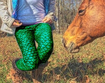 Glitterfish Green Mermaid Scale Leggings/ Capris, Mermaid Yoga Pants, High Waist Leggings, Scale Leggings, Mermaid Yoga Pants, Mermaid Yoga