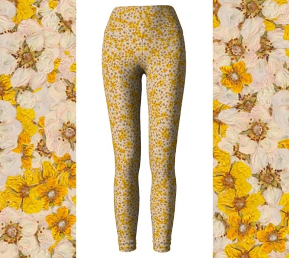 Yellow \u0026 White Pressed Flower Leggings 