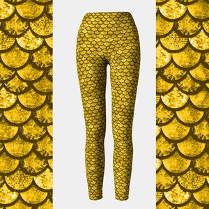 Gold Glitter Mermaid Scale Halloween Mermaid Leggings, Gold Dragon Leggings, Yoga Leggings, Women&#39;s Leggings, Scale Leggings