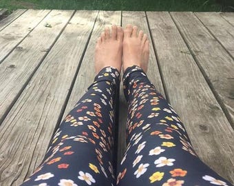 Pressed Flowers Leggings/ Capris, High Waist Leggings, Flattering Leggings, Black Leggings, BlackYoga Pants, Floral Leggings