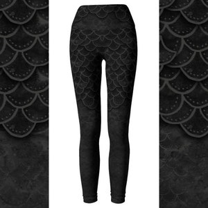 Hand Painted Mermaid Leggings, Goth Leggings, High Waisted Scales Leggings, Squat Proof Leggings, Made in USA Leggings, Black Mermaid