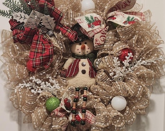 Faux Burlap Snowman Christmas Wreath with Lights