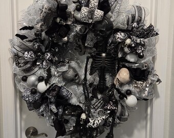 Black Skeleton Wreath with lights