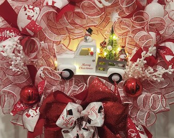 White Truck Christmas Wreath with Lights