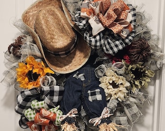 Fall Wreath: Overalls, Straw Hat, Sunflowers, Pumpkins