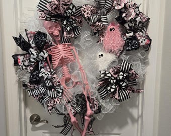 Pink Skeleton Wreath with lights