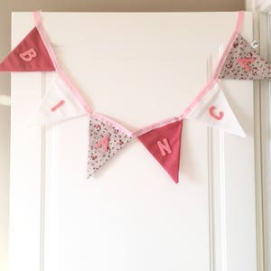 personalized fabric bunting banner baby girl, in pink and white pattern with pink felt name to decorate your baby shower image 1