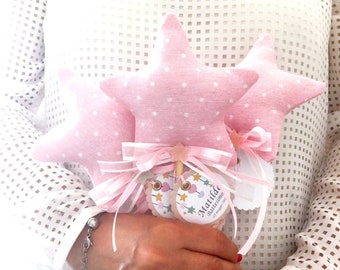 magic star wand favor for little girl’s baptism, fairy wand,star shaped   in pastel pink fabric with white polka dots and personalized tag