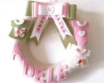 baby personalized wreath, baby girl hospital door hanger , cream and pink color with felt baby romper suit to decorate the nursery