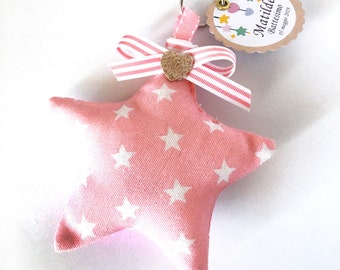 star key ring favor for little girl’s communion,star shaped  key ring in pastel pink fabric with white polka dots and personalized tag