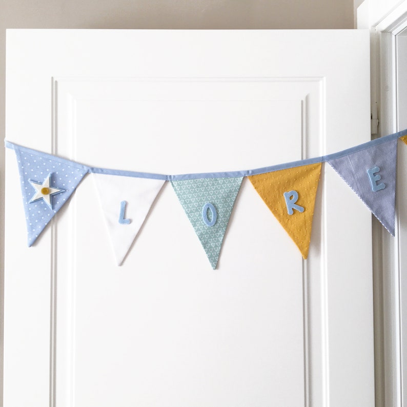 personalized fabric bunting banner baby girl, in pink and white pattern with pink felt name to decorate your baby shower image 1