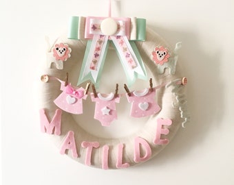 little girl baby shower personalized big wreath, with baby name, cream, pink and light green color with felt baby lion