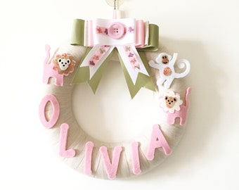 newborn baby girl wreath, hospital hanger, baby photo prompt, cream, pink and green with felt baby animals; lion and monkey