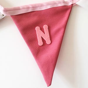 personalized fabric bunting banner baby girl, in pink and white pattern with pink felt name to decorate your baby shower image 5