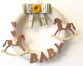 personalized baby gift,  hospital hanger, newborn baby wreath, cream brown and yellow color with felt rocking horse for decorate the nursery