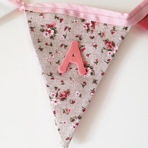 personalized fabric bunting banner baby girl, in pink and white pattern with pink felt name to decorate your baby shower image 3