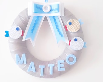 birth bow, baby carrier decoration, babyshower, grey, blue color with name written in felt and little fish