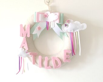 pink hospital door hanger baby girl, newborn rainbow baby wreath, rainbow playroom decor, custom baby hanger, newborn gift