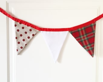 personalized bunting banner tartan plaid fabric,  red, beige e white home decor, rustic garland bunting banner, rustic  decorations