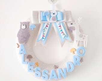 birth crown for newborn, beige, blue, brown with forest animals and baby name in felt. Nordic style animals