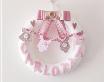 large birth crown for newborn, white, powder pink, antique pink and dove grey, with garland of baby clothes and felt name