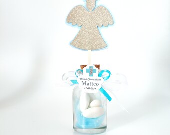 personalized favor for children's communion, glass jar and little angel in felt and blue and gold glittery cardboard