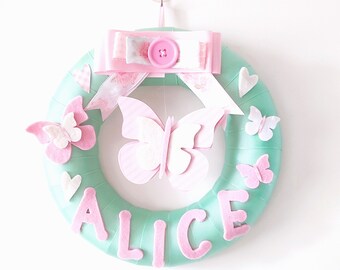 personalized newborn baby girl wreath, hospital hanger, baby photo prompt, pink with felt little butterlfies,romantic baby nursery decor