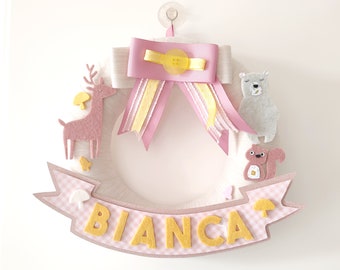 large birth crown for newborn, white, mustard, pink and green, with woodland animals and baby's name in felt