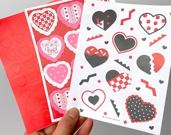 Vintage Valentine Hearts Sticker Sheet - Hallmark - Valentine's Day Stickers - Black & White Hearts, Red Foil Hearts, Country Hearts - USA