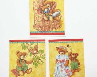 Vintage Current Inc Teddy Bear Family Blank Notecards, Set of 3 - 80s 90s - Mom, Dad and Kid Bear Reading, Playing, Walking - USA