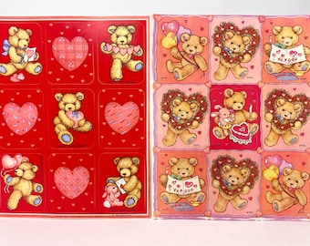 Vintage Teddy Hugglesbie Bear Valentines Sticker Sheet - 80s - Gibson - Valentine's Day - Bear Making Valentine's Day Cards - USA