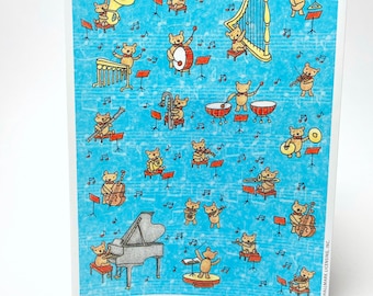 Vintage Tiny Bears Orchestra Sticker Sheet - Hallmark - Bears Playing Musical Instruments - Piano Drums Violin Tuba Harp - Scrapbook Reward