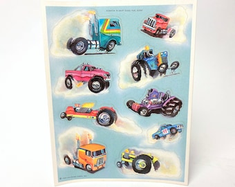Vintage "Silly Scents" Stickers - Diesel Fuel Scent - Hallmark - 1983 - Scratch 'N Sniff - Racing Cars, Trucks, Tractors, Jeep - Collectible