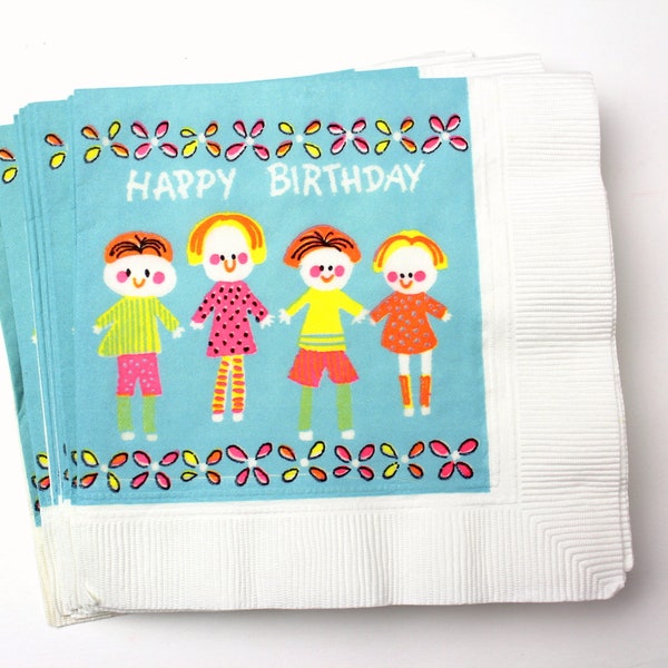 Serviettes de table joyeux anniversaire vintage des années 70, ensemble de 12 par Futura - partie 3 plis papier serviettes de table rétro Fluo Kids enfants tenant par la main - 10 "x 10"