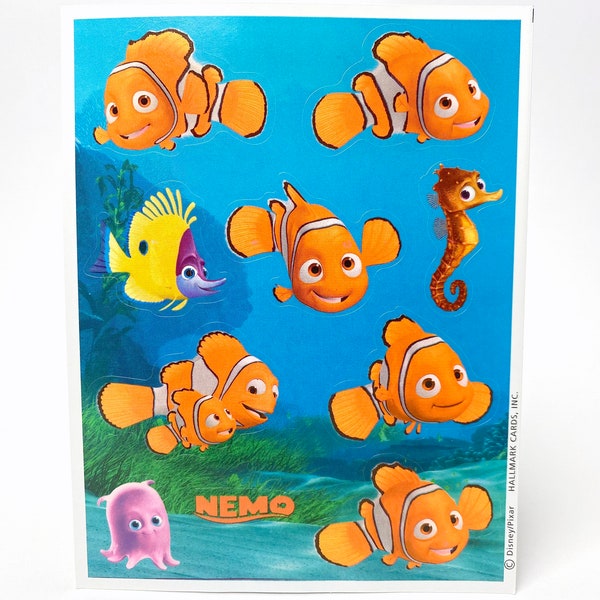 Finding Nemo Sticker Sheet - Hallmark - 2003 Disney Pixar Animated Movie - Orange Clownfish, Seahorse, Long Nose Butterfly, Yellow Blue Fish