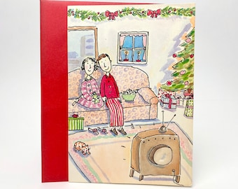 Vintage Shoebox  Greetings Christmas Card - Hallmark - Happy Stay Up Late Wrapping Presents while you watch an old Christmas movie..season!